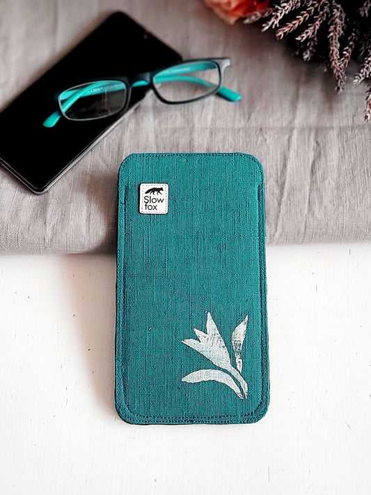 Lněné pouzdro na telefon/brýle - KVĚT, smaragdové