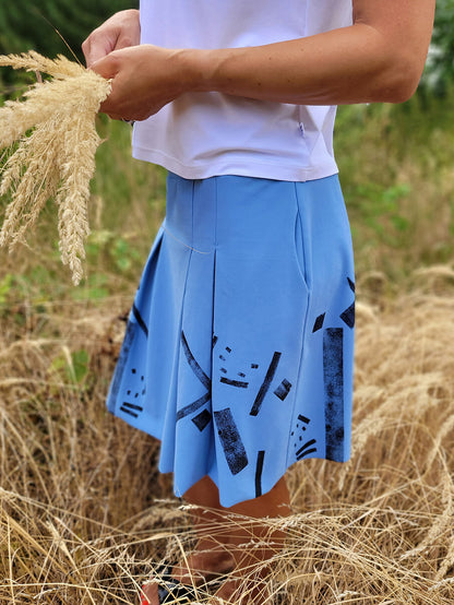 Sukně BUBINA - modrá, potisk ČÁRY, L